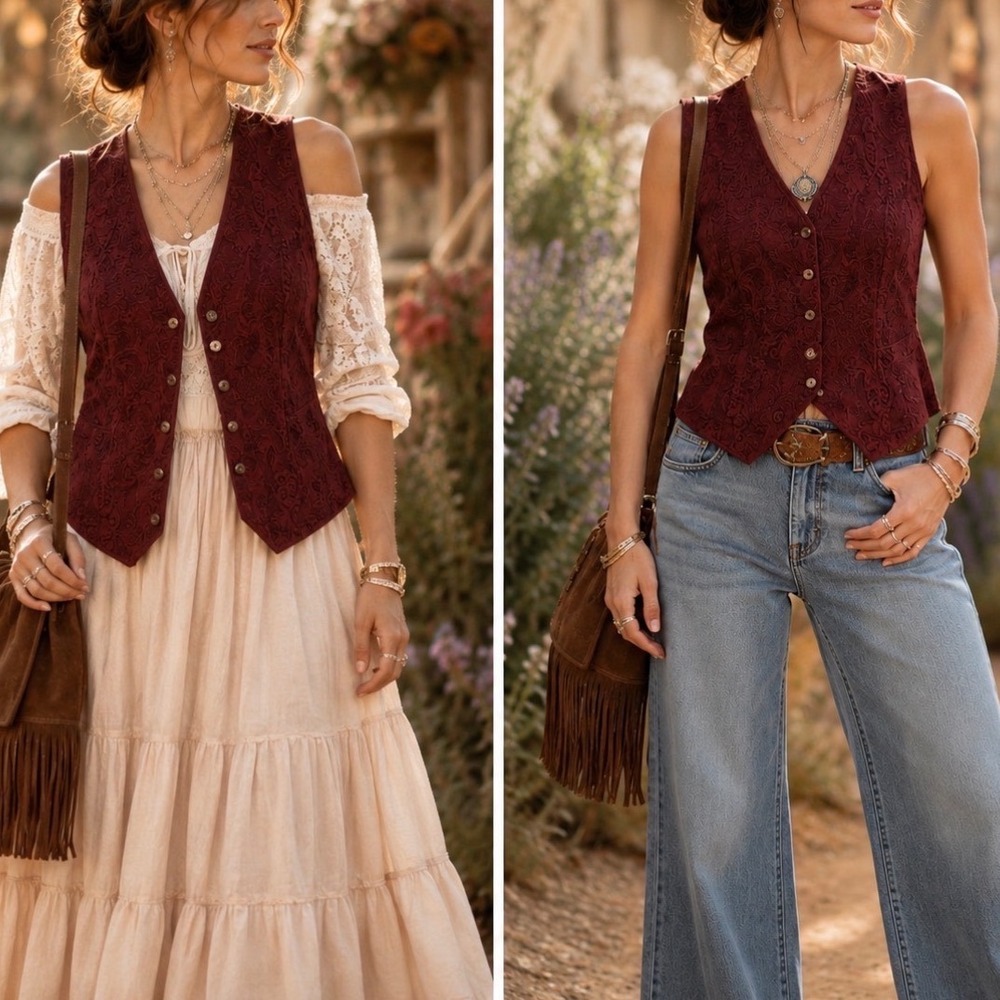 VTG Burgundy Merlot Leather SUEDE Embroidered Vest Boho Western Hippie Cowgirl L